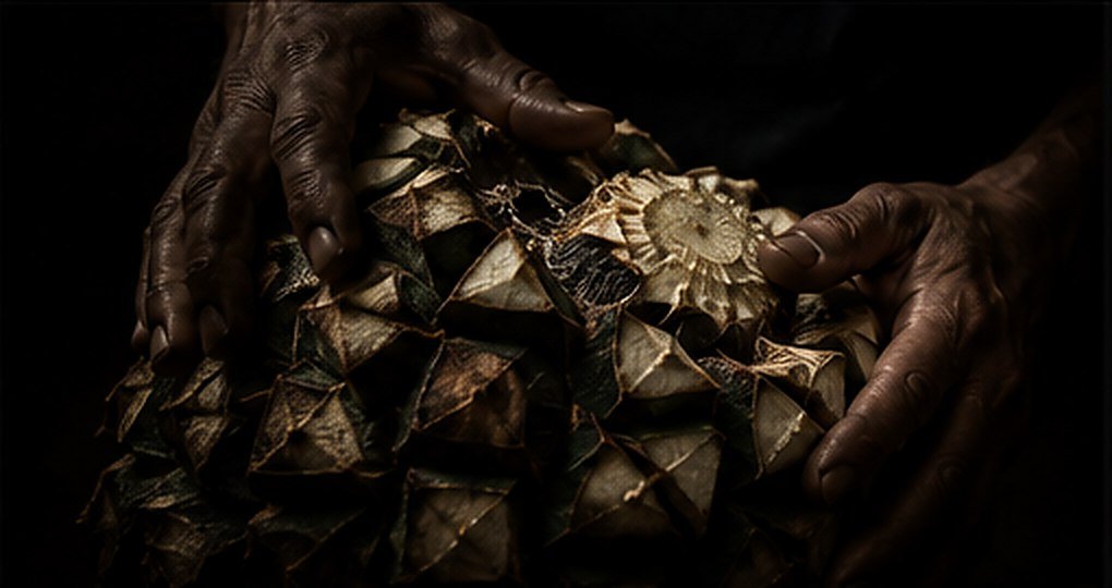 Las manos del maestro mezcalero sobre una piña de agave