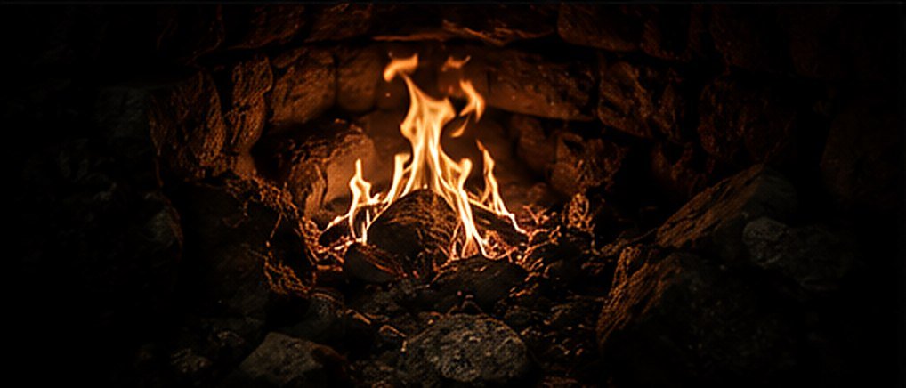 Lumbre viva en la boca de un horno de piedra