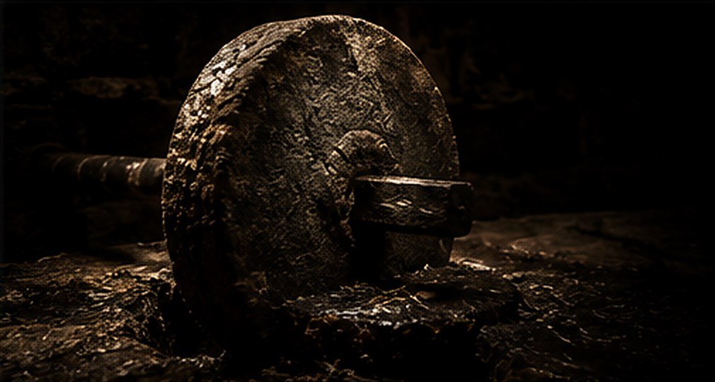 Rueda de piedra de tahona sobre su pista